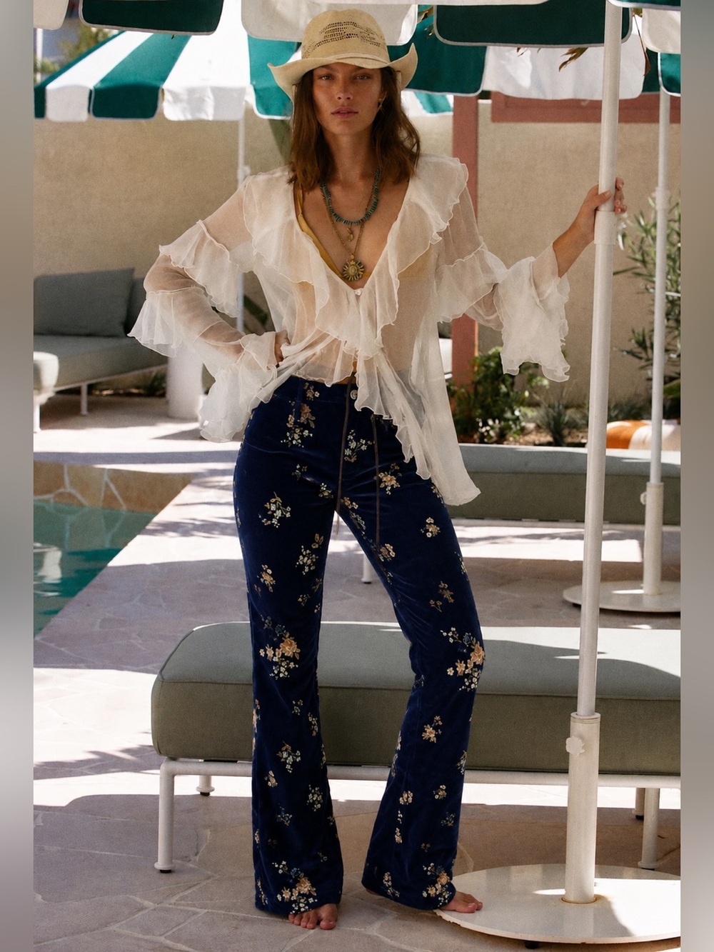 Free People Driftwood Wyatt Velvet Embroidered Floral Flare Pants Navy